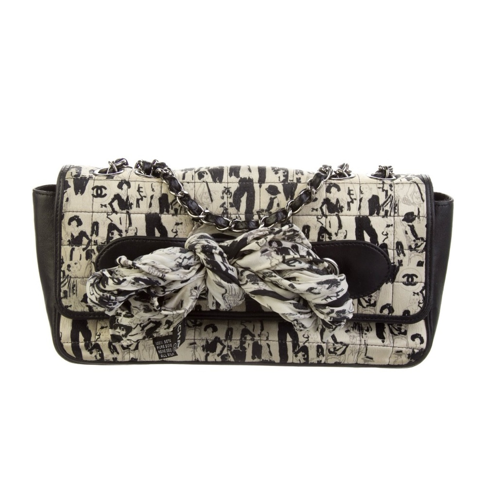 Chanel Coco Mademoiselle Satin Flap Bag with scarf black and white classic bag